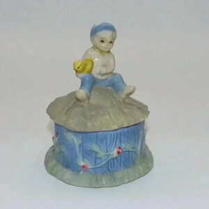 Vintage Ceramic Trinket Box Dish Boy with Duck